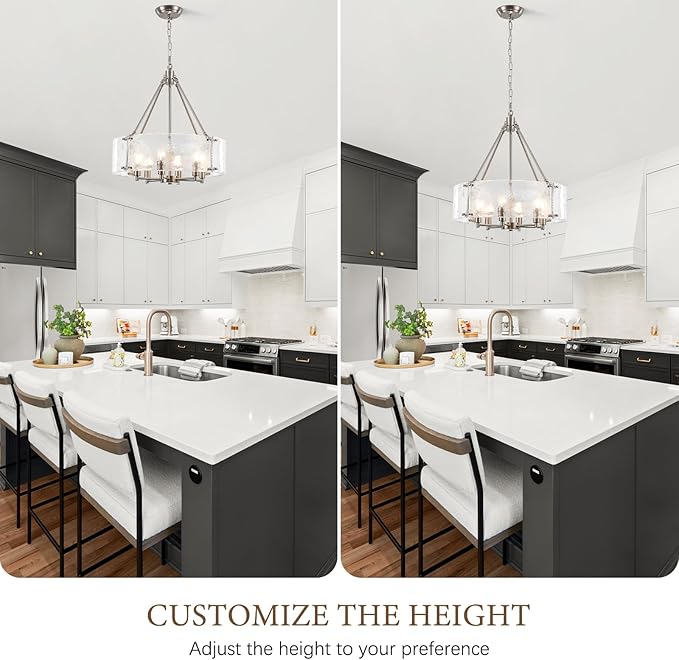 Modern Brushed Nickel Glass Chandelier for Dining Room,19.69 inch Textured Crystal Drum Farmhouse Chandelier Light Fixture for Dining Room Kitchen Island Living Room Bedroom Foyer
