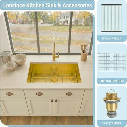 Gold Kitchen Sink,Undermount Kitchen Sink 30 X 18 inch,Single Bowl 16 Gauge Stainless Steel Undermount Sinks