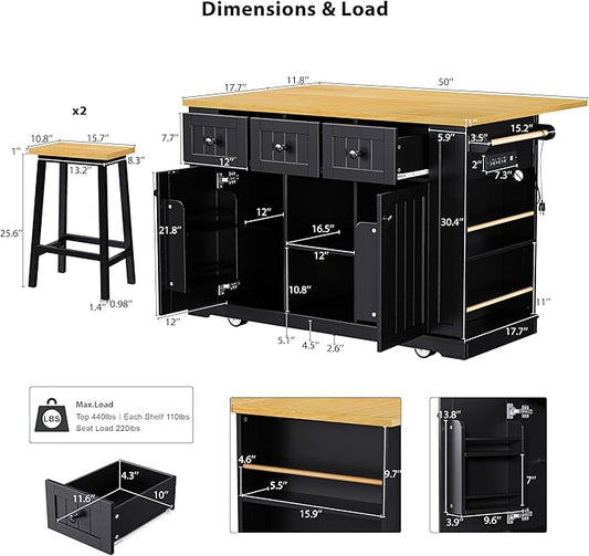 YOPTO 53" Large Kitchen Island with 2 Bar Stools,Power Outlet & Door Internal Storage Rack,Kitchen Storage Cart on 5 Wheels W/Drop Leaf,5 Open Side Racks & 3 Drawers,for Kitchen,Dining Room,Black