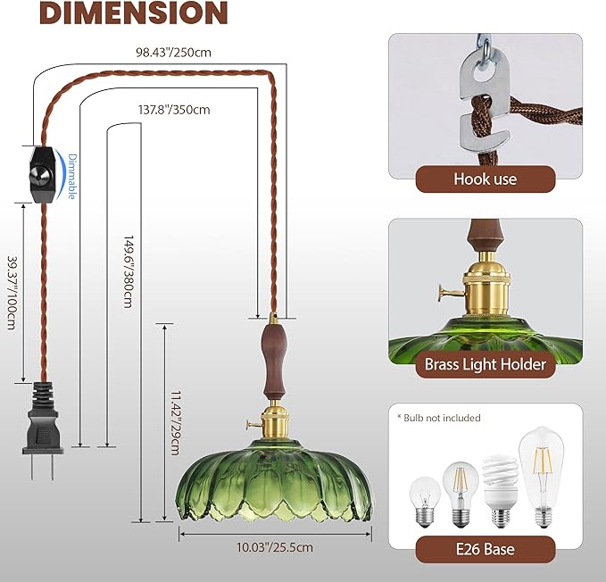 Plug in Pendant Light, Hanging Lights with Plug in Cord, Green Vintage Glass Pendant Light for Kitchen Island, Bedroom, Dining Room, Living Room, 11.5 Ft. Cord, E26 No Bulb