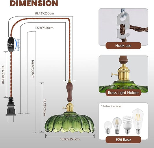Plug in Pendant Light, Hanging Lights with Plug in Cord, Green Vintage Glass Pendant Light for Kitchen Island, Bedroom, Dining Room, Living Room, 11.5 Ft. Cord, E26 No Bulb