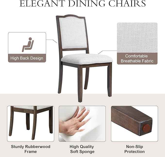 Ball & Cast Farmhouse Dining-Chairs Set of 4, High Back Wood Frame Dining Room Chair with Padded Seat, Modern Upholstered Kitchen Island Seating, 4 Pack Mid-Century Chairs, Brown&Beige
