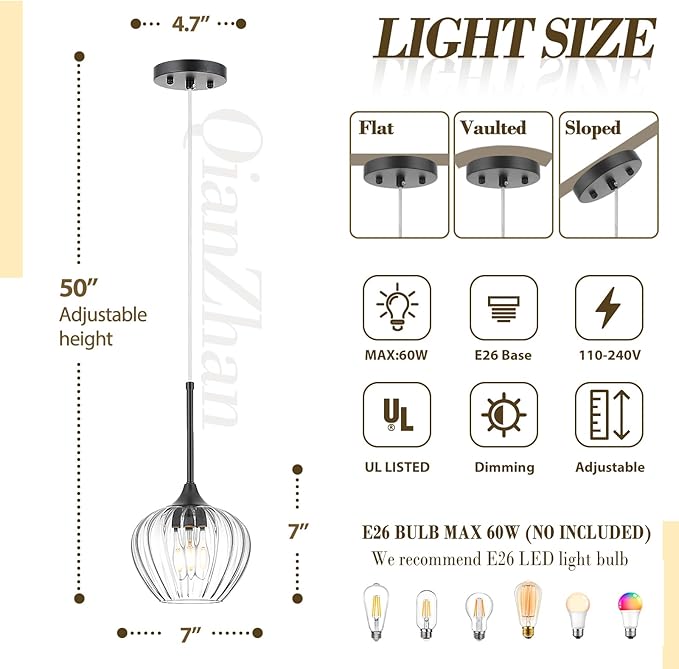 Glass Pendant Light, 7inch Modern Black Pendant Lights Fixture Small Farmhouse Pendant Hanging Lighting for Kitchen Island Dining Room Sink Bathroom Bar Restaurant