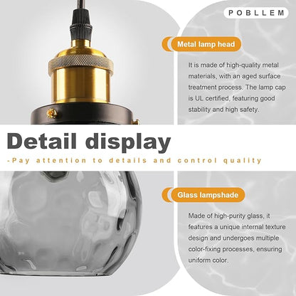 Large Globe Hanging Lights Plug in, 13.8" Vintage Smoke Glass Hanging Lamp with Plug in Cord, Grey Plug in Pendant Light Fixtures Ceiling Hanging for Kitchen Island Dining Room Living Room