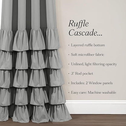 Lush Decor Allison Ruffle Light Filtering Window Curtain Panels Pair 40" W x 84" L Dark Gray - Coquette Curtains for Bedroom - Ruffle Curtains Kids