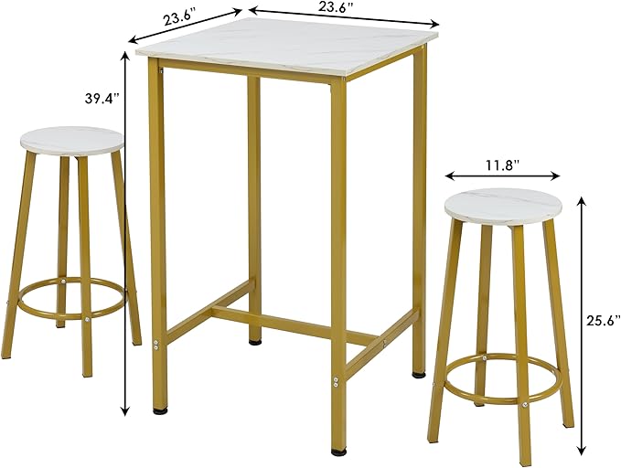 Finnhomy Bar Table Set, 23.6" Pub Table High Top Table, Square Bar Height Table, Bar Table with Stools, Kitchen Table Set for 2, Industrial Breakfast for Kitchen, Living Room, Gold