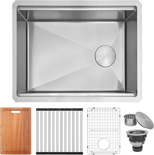 Undermount Kitchen Sink 23 inch,16 gauge Stainless Steel Workstation Sink,Deep and Large Single Bowl Kitchen Sinks Offset Drain (23" X 18")