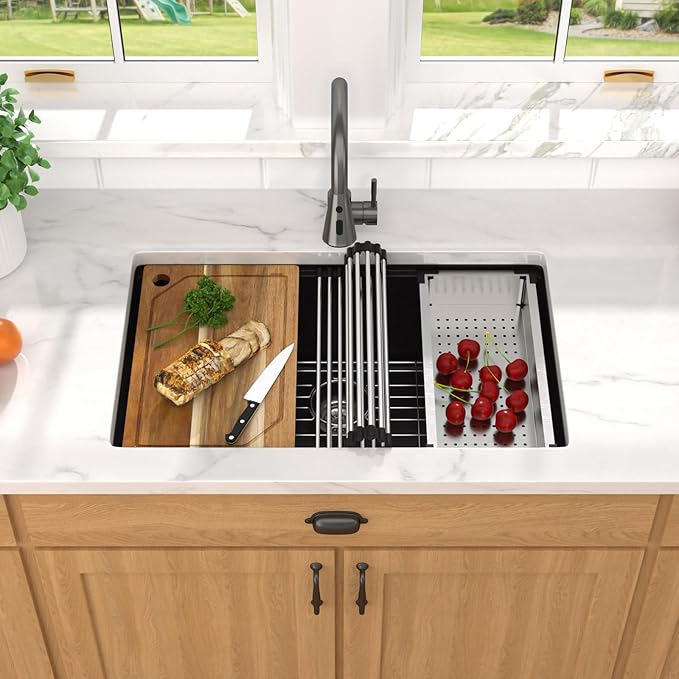 28 Inch Granite Composite Kitchen Sink - Matte Black Undermount Granite Kitchen Sink, Workstation All-In One Quartz Classic Single Bowl Sinks Basin, 28"x19" #TLGU-137