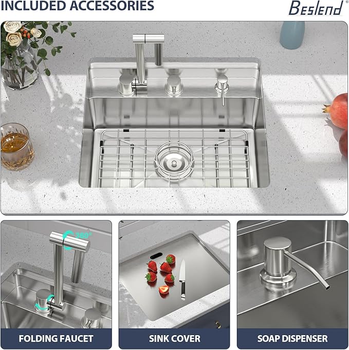 Outdoor Sink 21x18x9 Inch Undermount Bar Sink With Faucet and Cover 16 Gauge Stainless Steel Single Bowl Sinks with Folding Faucet Indoor Outdoor