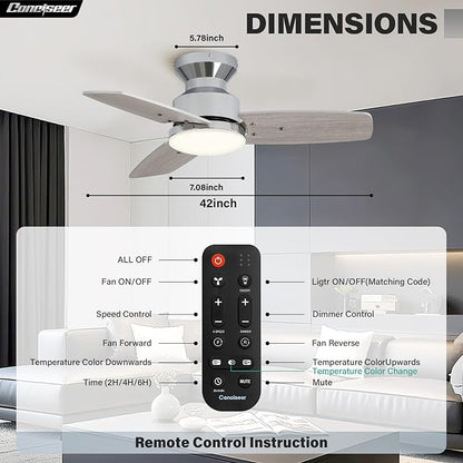 42 Inch Ceiling Fans with Lights and Remote, Bedroom Living Room Office, Flush Mount, 3CCT Dimmable, Dual Color 3 Blades 6 Speed Reversible Quiet DC Motor, Chrome-Plated/Wood Grain