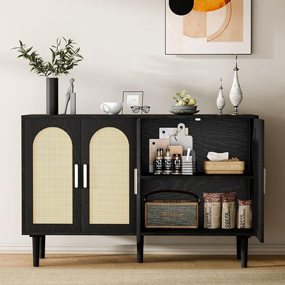 Large Sideboard Buffet Cabinet with Storage, Modern Credenza Buffet Table Coffee Bar Wine Bar Storage Cabinet with Artistic Carved Handle for Dining Room Living Room, (Black&Oak)
