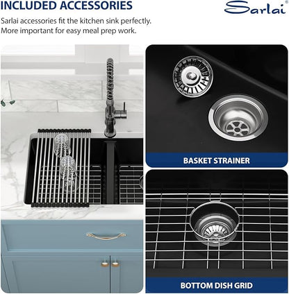Sarlai 33 Black Granite Composite Kitchen Sink - 33"x19"Double Bowl Undermount Kitchen Sink Double Basin 50/50 Matte Black Quartz Under Counter Sinks Basin with Accessories