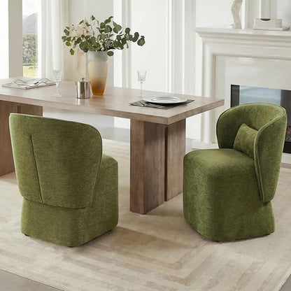 KISLOT Upholstered Dining Chairs with Wheels, Easy Assembly Stain Resistant Fabric Modern Barrel Armchair with Lumbar Cushion, Dining Room Chairs for Kitchen Living Room Bedroom, Green, Set of 1