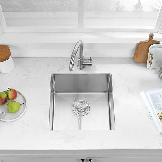 PEPO 18×18 Inch Undermount Kitchen Sink 16 Gauge Stainless Steel Bar Prep Sink Single Bowl with Drain Accessories for Small Kitchen, Wet Bar RV