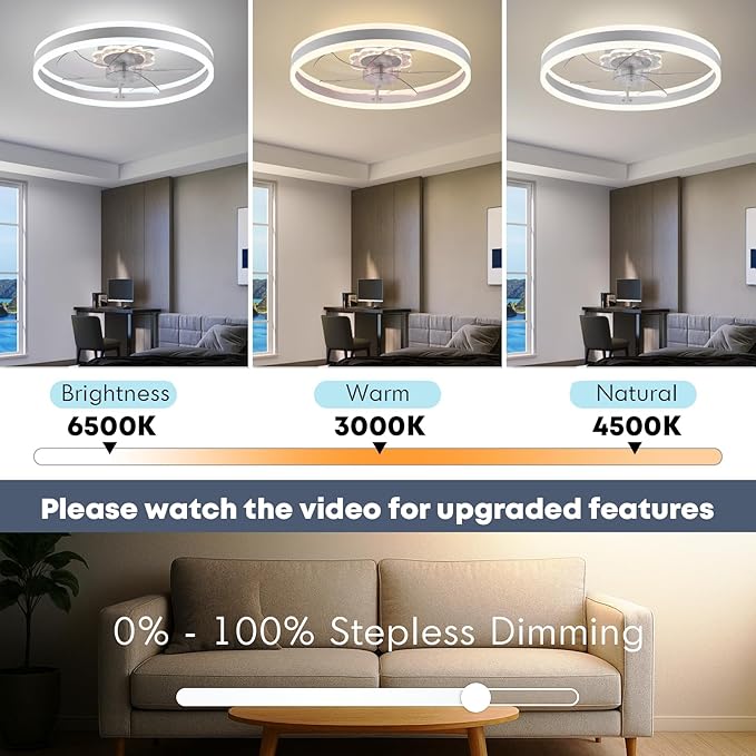 Fszdorj Ceiling Fan with Light, Upgraded 20‘’ Low Profile Fan, Flush Mount Ceiling Fan, 6 Speeds, Dimmable LED, App & Remote Control, Quiet DC Motor, for Bedroom, Living Room, F105 White