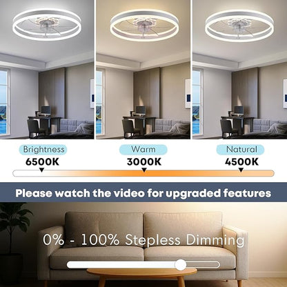 Fszdorj Ceiling Fan with Light, Upgraded 20‘’ Low Profile Fan, Flush Mount Ceiling Fan, 6 Speeds, Dimmable LED, App & Remote Control, Quiet DC Motor, for Bedroom, Living Room, F105 White