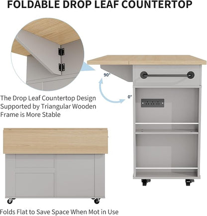 GarveeHome Rolling Kitchen Island with Drop Leaf Countertop, Charging Station & Ample Storage - 47.2 in Mobile Kitchen Cart On Wheels with Pull-Out Shelves, Drawers, Spice Rack & Organizer Divider