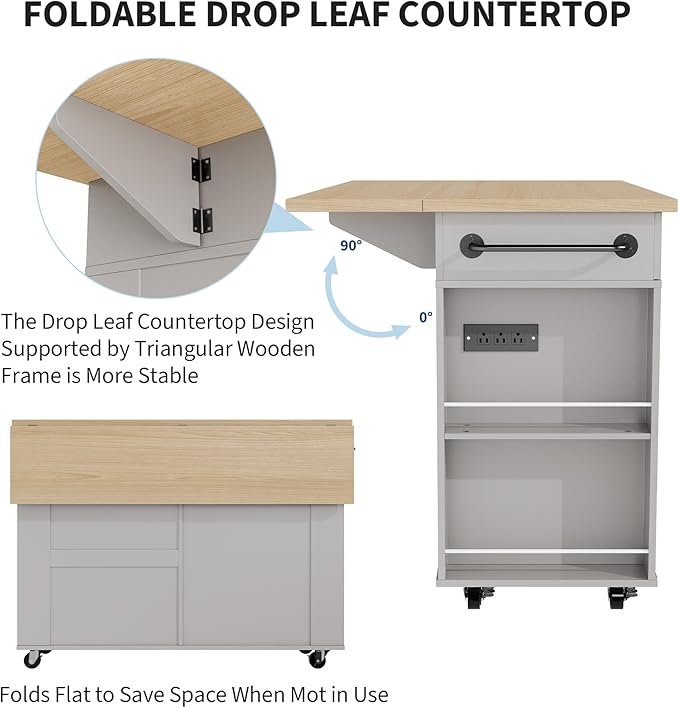 IDEALHOUSE Rolling Kitchen Island with Drop Leaf Countertop, Charging Station & Ample Storage - 47.2" Mobile Kitchen Cart On Wheels with Pull-Out Shelves, Drawers, Spice Rack & Organizer Divider