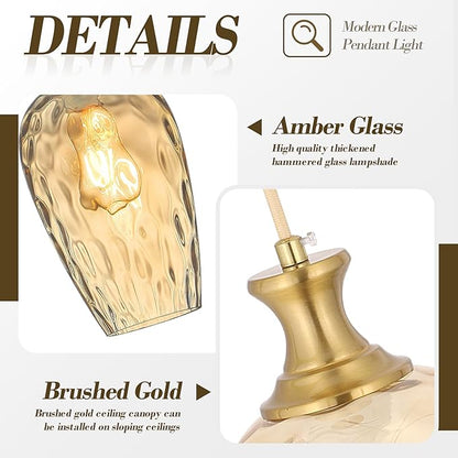 Glass Pendant Lights Kitchen Island, 1-Light Gold Pendant Light Fixtures with Hammered Amber Glass, Vintage Hanging Light for Kitchen Sink Dining Room Bedroom, E26