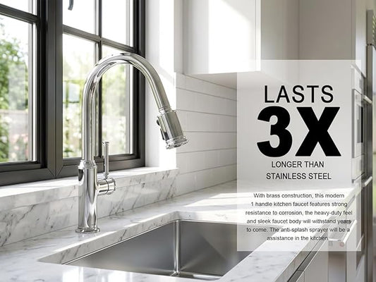 Lava Odoro Chrome Kitchen Faucet with Pull Down Sprayer, Single Hole Kitchen Sink Faucet, Single Handle Kitchen Faucet with 2-Function Sprayer, Deck Plate Included, 1.8 GPM, KF421-C