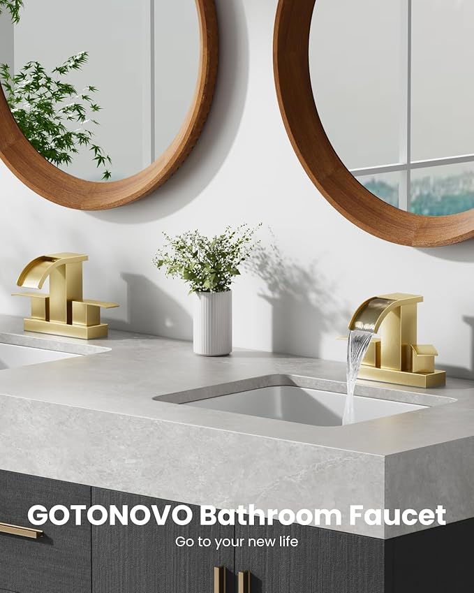 gotonovo Waterfall 4 Inch Centerset Bathroom Sink Faucet 2 Handle Basin Faucets 2 or 3 Hole Deck Mount with Pop Up Drain Included Lavatory Modern Mixer Tap Vanity Faucet Brushed Gold