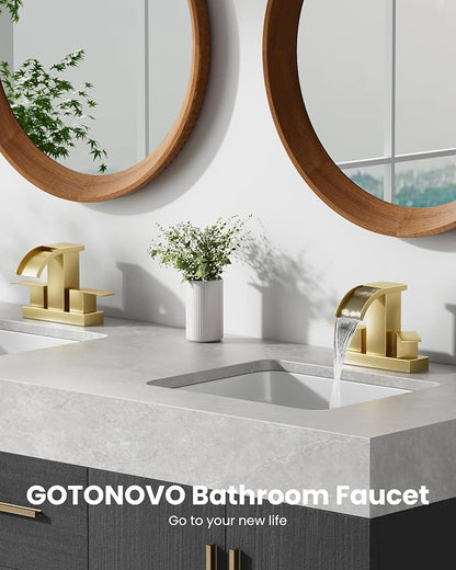 gotonovo Waterfall 4 Inch Centerset Bathroom Sink Faucet 2 Handle Basin Faucets 2 or 3 Hole Deck Mount with Pop Up Drain Included Lavatory Modern Mixer Tap Vanity Faucet Brushed Gold