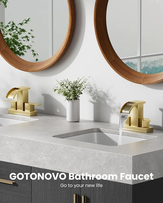 gotonovo Waterfall 4 Inch Centerset Bathroom Sink Faucet 2 Handle Basin Faucets 2 or 3 Hole Deck Mount with Pop Up Drain Included Lavatory Modern Mixer Tap Vanity Faucet Brushed Gold