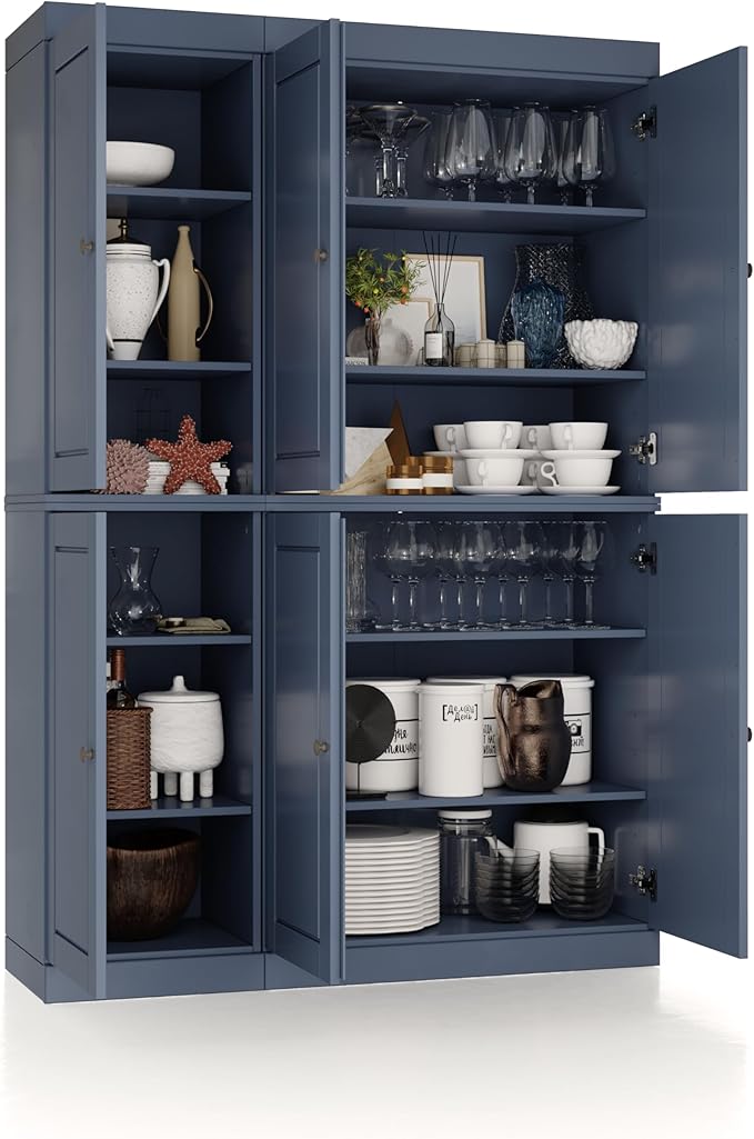 Palace Imports Solid Wood Kitchen Pantry Cabinet 71.5" Tall, 48.5" Wide – Freestanding Storage Cabinet with Adjustable Shelves – Antique Blue, Renewable Eco-Friendly 100% Wood, Made in Brazil