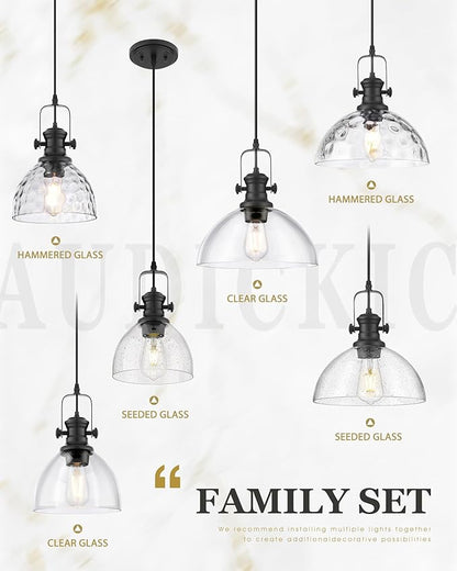Black Pendant Lights Kitchen Island, 7.5" Farmhouse Pendant Lighting with Hammered Glass Shade, Vintage Hanging Light Fixtures for Dining Room Entryway, Adjustable Cord, AD-22151-1P-BK-H