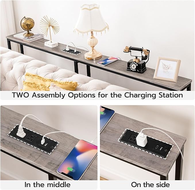 HOOBRO 63" Narrow Console Table with Charging Station, 5.9" Slim Sofa Table Behind Couch, 2 AC Outlets & USB-C Ports, Long Entryway Tables for Small Spaces, Livingroom, Greige BG165UXG01G1