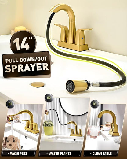 Brushed Gold Bathroom Faucet 4 Inch Centerset 3 Hole, 2 Handle Faucet with Heat-Resistant Pull-Out Sprayer, 360° Swivel Spout & Pop-Up Drain, BF-116B