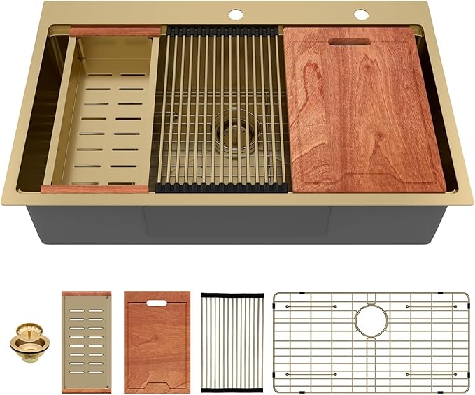 Lordear 33 Inch Drop In Kitchen Sink Gold Brushed 33x22 Workstation Stainless Steel 16 Gauge Single Bowl Handmade Topmount Kitchen Sink with Cutting Board