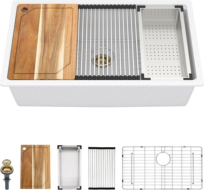 Granite kitchen Sink - 32 Inch White Undermount Kitchen Sink Workstation Single Bowl White Quartz Composite Sinks Basin with Gold Drain Assembly, 32"x19" #TLGU-104