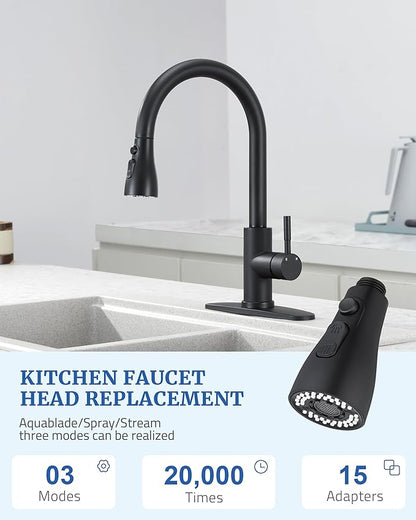 Metal Kitchen Faucet Head Replacement - with 15 Adapters, Pull Down Spray Head for Kitchen Faucet, 3 Function Sprayer Nozzle Stainless Steel, Matte Black