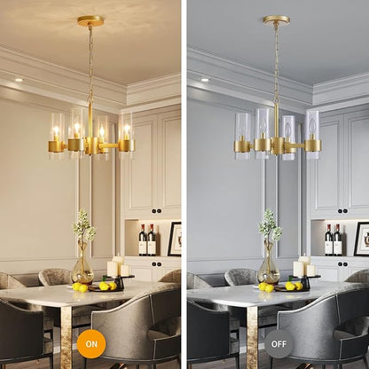 WUZUPS Industrial Chandelier 4-Light with Clear Glass Modern Farmhouse Round Light Fixture for Dining Room Kithen Island Foyer, Width 16.9" Height 12.2", Gold