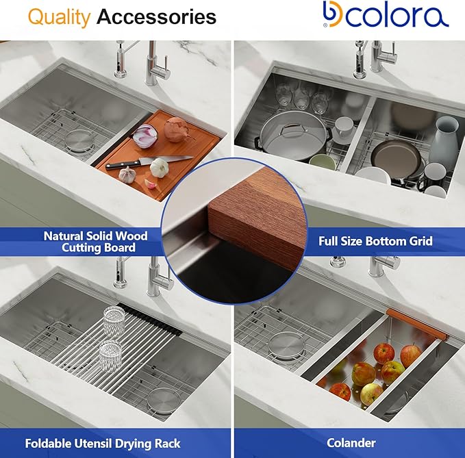 Dcolora 36 In. Undermount Double Bowl Kitchen Sink, 60/40 Low Divide Workstation, 16 Gauge 304 Stainless Steel Sink, 36" x 19" x 10" #DC-U7739