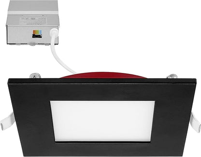 Maxxima 4 in. 2 Hour Fire Rated Ultra Thin Square Black LED Downlight, Slim Recessed Canless Light, IC Rated, 800 Lumens, 5 Color Temperature Selectable 2700K/3000K/3500K/4000K/5000K, Dimmable