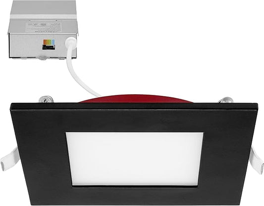 Maxxima 4 in. 2 Hour Fire Rated Ultra Thin Square Black LED Downlight, Slim Recessed Canless Light, IC Rated, 800 Lumens, 5 Color Temperature Selectable 2700K/3000K/3500K/4000K/5000K, Dimmable