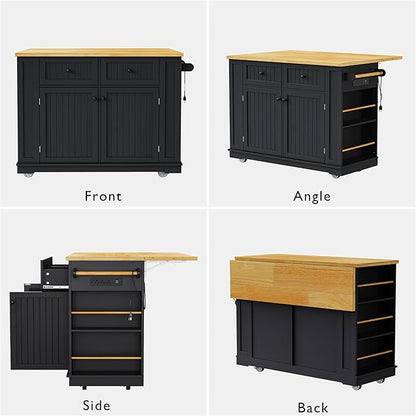Ball & Cast Kitchen Island with 2 Bar Stools and Power Outlet,Rolling Kitchen Cart on 5 Wheels W/Drop Leaf&5 Open Side Racks,Kitchen Storage Cart W/Adjustable Shelf,for Kitchen,Dining Room,Black,48"