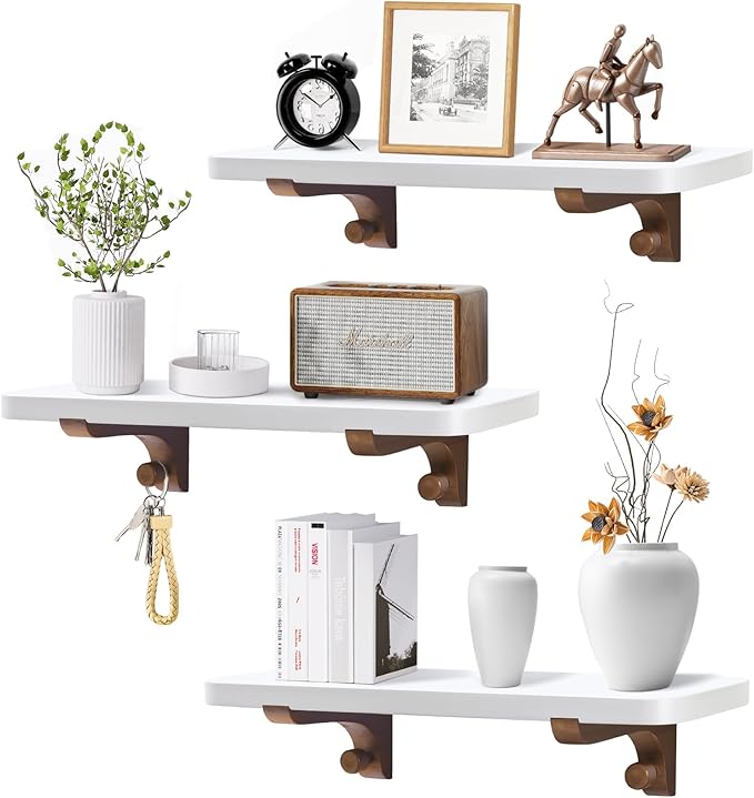 Wooden Floating Shelves for Wall, 15.7" W x 6" D x 0.6" H Large Wall Shelves, Hanging Storage Shelf with Hooks for Living Room, Kitchen, Bathroom, Bedroom Decor, Walnut, 3 Packs