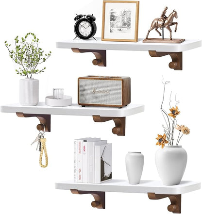 Wooden Floating Shelves for Wall, 15.7" W x 6" D x 0.6" H Large Wall Shelves, Hanging Storage Shelf with Hooks for Living Room, Kitchen, Bathroom, Bedroom Decor, Walnut, 3 Packs