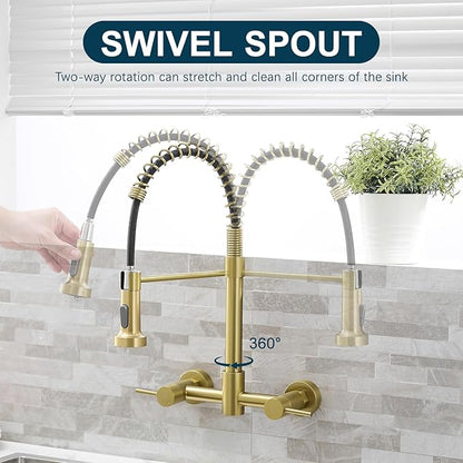 AIMADI Brushed Gold Kitchen Faucet,Wall Mount Faucet 8 Inch Center|2 Handle Commercial Sink Faucet for Modern Kitchens Luxury Style