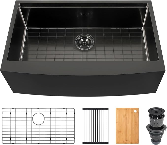 Kitsitchen 33 Inch Black Farm Sink, 16 Gauge T-304S Stainless Steel Single Bowl Farmhouse Kitchen Sinks, 33" x 20" x 10" Large and Deep Apron Front Workstation Sink with Accessories