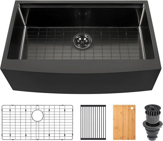 Kitsitchen 33 Inch Black Farm Sink, 16 Gauge T-304S Stainless Steel Single Bowl Farmhouse Kitchen Sinks, 33" x 20" x 10" Large and Deep Apron Front Workstation Sink with Accessories