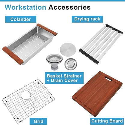 28 Inch Farmhouse Sink, 16 Gauge 304 Stainless Steel Farm Sinks, Drop In Topmount Single Bowl Workstation Sink with all Accessories, 28" x 22" x 10" Deep Kitchen Sink