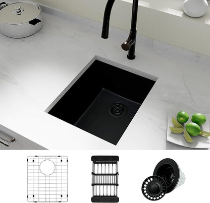 Black Bar Sink,Black Granite Composite Kitchen Sinks With Accessories, 17 Inch Undermount Quartz Stone Kitchen Sinks, 17" x 19" x 10" Small Kitchen Sink used for RV, Bar, Outdoor and Wet Bar