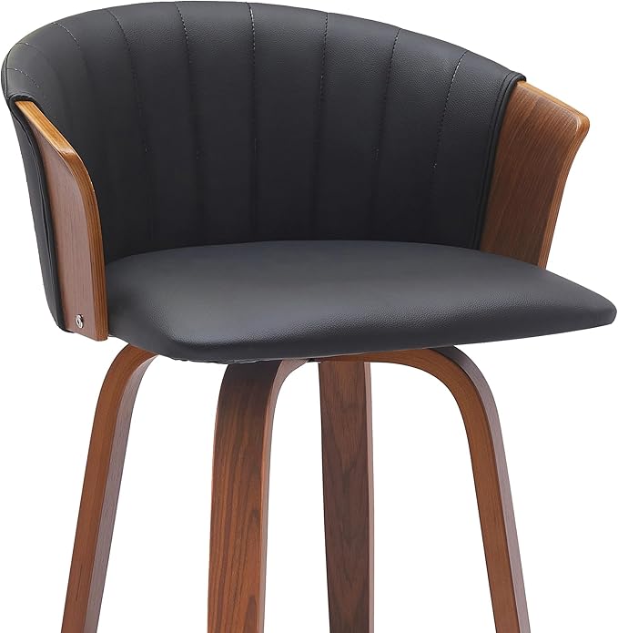 Armen Living Diana 30" Seat Height Mid Century Modern Swivel Walnut Wood Bar Stool for Kitchen Island Counter in Black Faux Leather