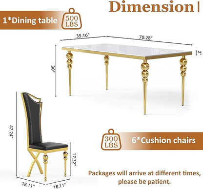 Glass Dining Table Set for 6, Luxurious 70 Inch Rectangular Kitchen Table with White Tempered Glass Top, 6 Black PU Leather Cushion Chairs for Dining Room, Restaurant, Living Room