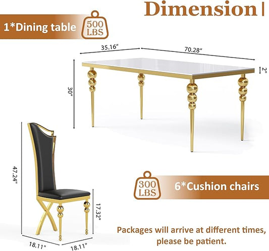 Glass Dining Table Set for 6, Luxurious 70 Inch Rectangular Kitchen Table with White Tempered Glass Top, 6 Black PU Leather Cushion Chairs for Dining Room, Restaurant, Living Room