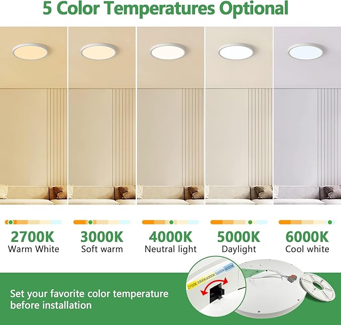 15.8 Inch Dimmable LED Flush Mount Ceiling Light, 32W, 3480LM, 3000K/3700K/4000K/5000K/6000K, Round Flat Panel Low Profile Ceiling Light Fitures for Hallway, Kitchen, Bedroom, 1PK White